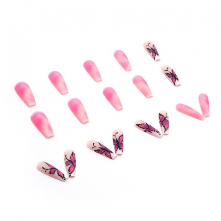Set unghii false autoadezive tip press-on 24 de bucati fluturi roz si white ombre, Fluturi [3]
