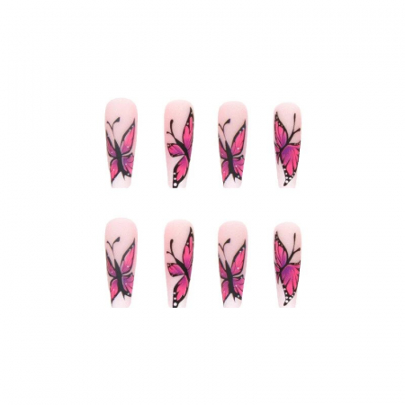 Toate produsele - Set unghii false autoadezive tip press-on 24 de bucati fluturi roz si white ombre, Fluturi