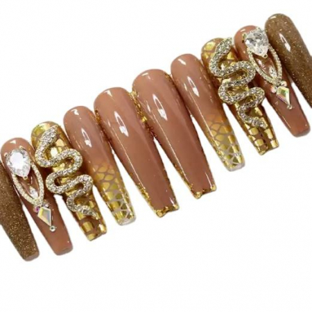 Toate produsele - Set unghii false autoadezive tip press-on 24 de bucati golden snake cu pietre stralucitoare, Golden Copper