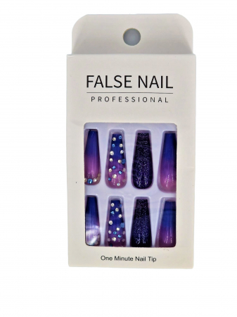 Toate produsele - Set unghii false autoadezive tip press-on 24 de bucati ombre cu strasuri, albastru