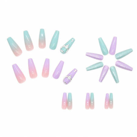 Set unghii false autoadezive tip press-on 24 de bucati pink-blue ombre si strasuri stralucitoare sclipici, roz [1]
