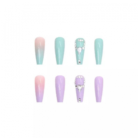 Toate produsele - Set unghii false autoadezive tip press-on 24 de bucati pink-blue ombre si strasuri stralucitoare sclipici, roz