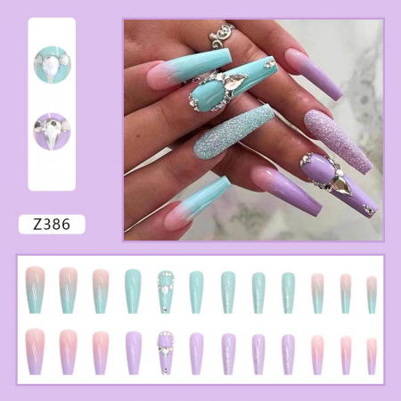 Set unghii false autoadezive tip press-on 24 de bucati pink-blue ombre si strasuri stralucitoare sclipici, roz [4]