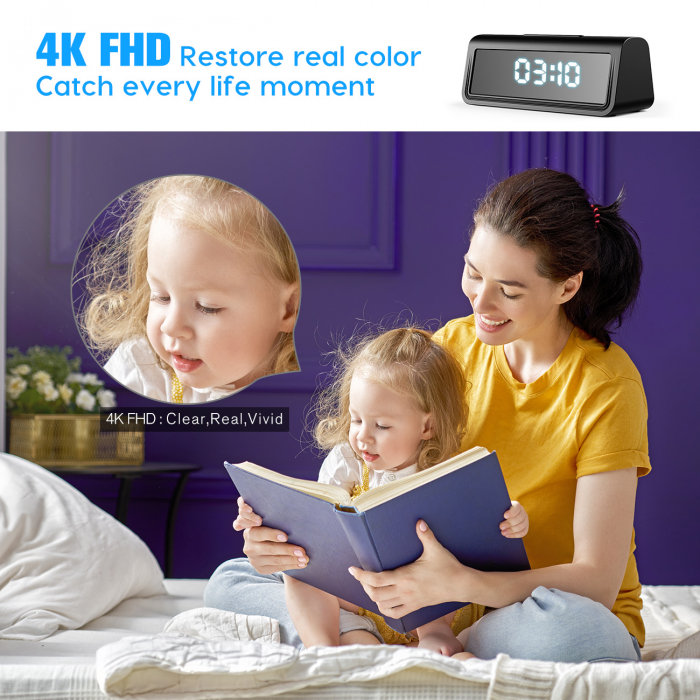HD Video Camera WiFi - Nightvision - 4K Ultra HD - Integrated in Digital Clock - Real-Time Monitoring from Anywhere - Motion Sensor - iOS & Android [BKP-WS2] [2]