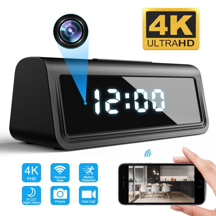 HD Video Camera WiFi - Nightvision - 4K Ultra HD - Integrated in Digital Clock - Real-Time Monitoring from Anywhere - Motion Sensor - iOS & Android [BKP-WS2] [1]