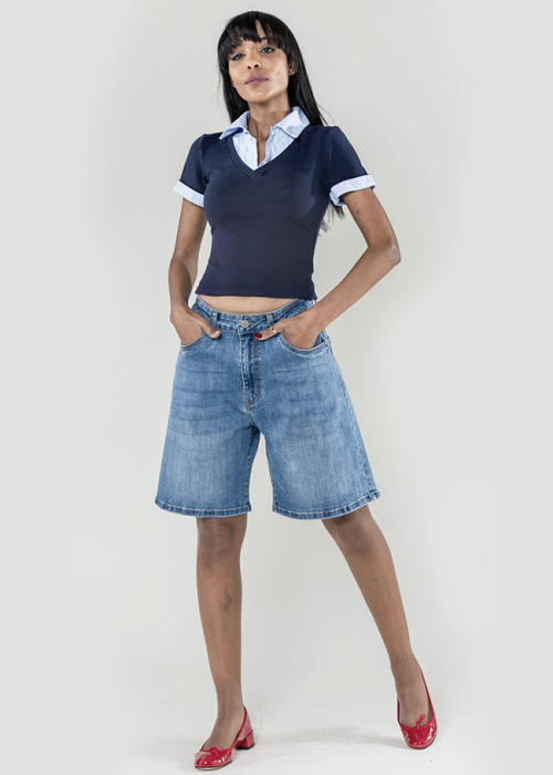 Blugi scurti albastri wide leg P617-5 M7 [4]