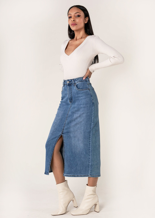 Fusta albastra de denim cu slit frontal P215 M10 [2]