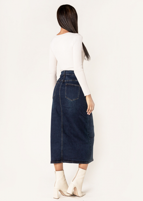 Fusta albastru inchis de denim cu slit frontal P215 M10 [4]