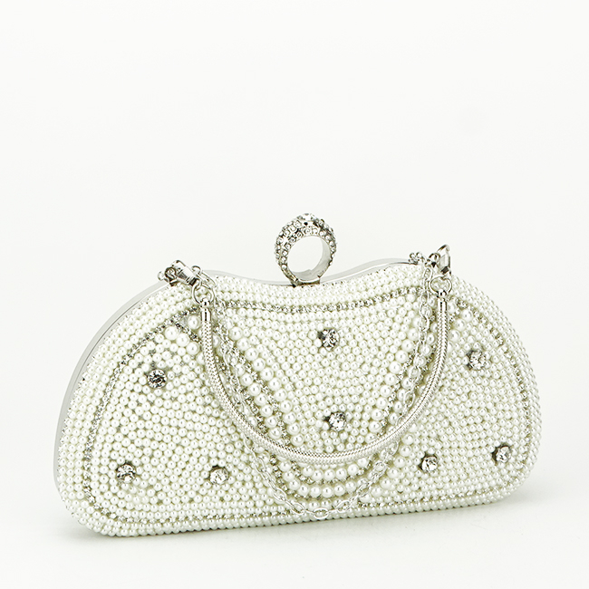 Geanta clutch crem/argintiu cu perle si pietricele BME-22732 05 [3]
