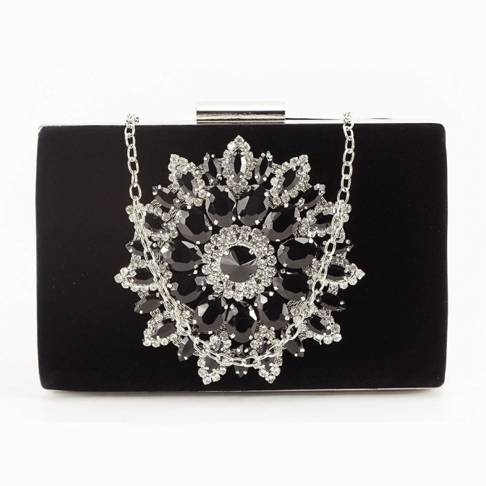 GEANTA CLUTCH NEAGRA CU BROSA ARGINTIE MIRA [3]