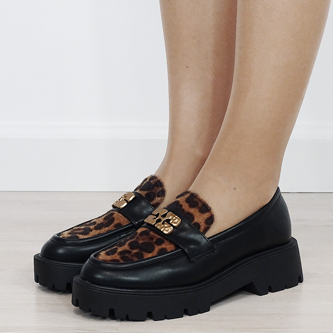 Mocasini negri tip loafers cu imprimeu leopard texturat 1889 04