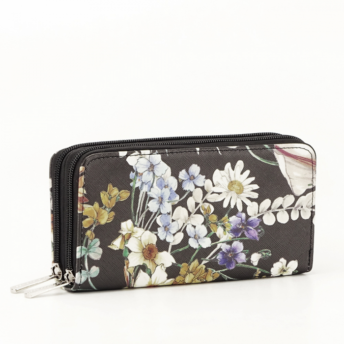 Portofel negru cu imprimeu floral Coralia