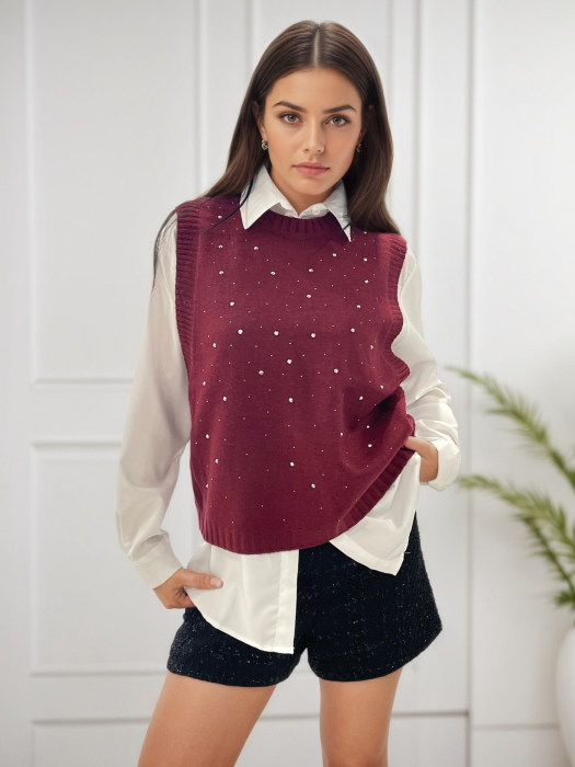 Pulover bordo fara maneci cu strasuri A-9015 M9