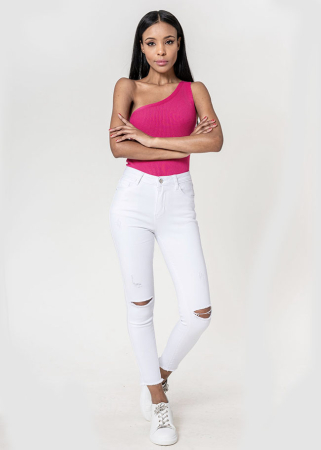 Noutati - Blugi slim dama cu detalii rupte, Albi P501-10 M10