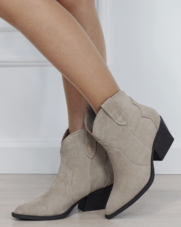 Ghete - Botine bej din piele naturala cu toc comod 6338A 114