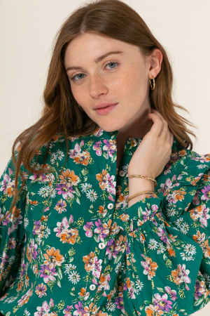 Camasi si topuri - Camasa verde din bumbac cu imprimeu floral ASD90076