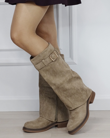 Cizme - Cizme lungi kaki din velur ecologic 6503 118