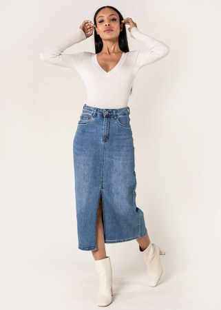 Femei - Fusta albastra de denim cu slit frontal P215 M10