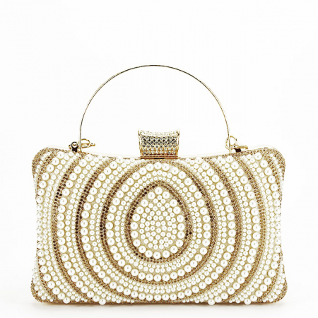 Clutch - Geanta clutch resigilata crem/auriu roze cu perle 1011-RESIG