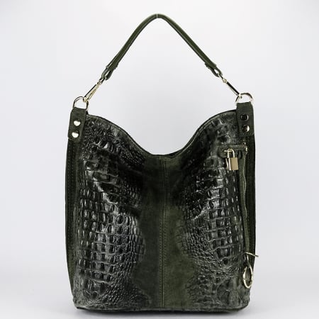 Posete - Geanta kaki din piele naturala cu imprimeu reptila 1915 M9