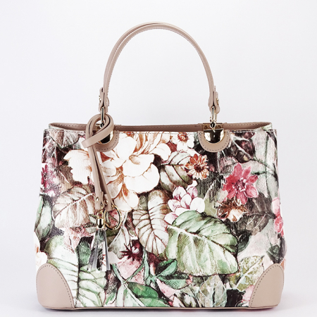 Genti mici - Geanta taupe cu imprimeu floral din piele naturala 1330 M9