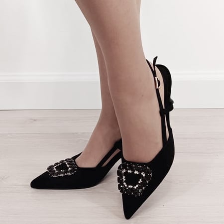 Pantofi cu toc - Pantofi negri eleganti cu brosa 1890 03