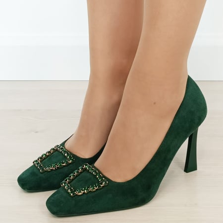 Noutati - Pantofi verzi cu toc comod si brosa 1748 03