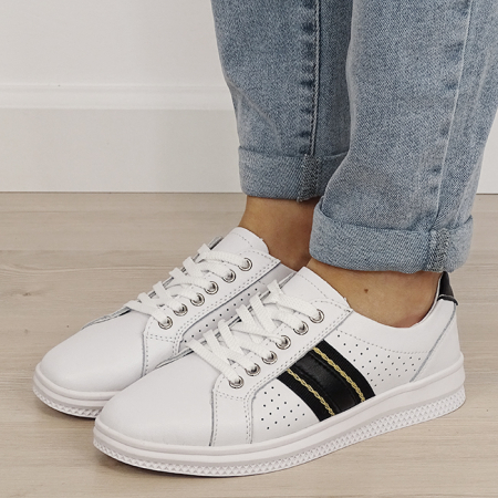Pantofi - Sneakersi albi cu detalii negre din piele naturala 5088 M7