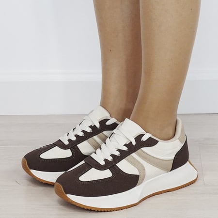Pantofi sport si sneakers - Sneakersi dama maro/bej cu talpa groasa 9013 M2