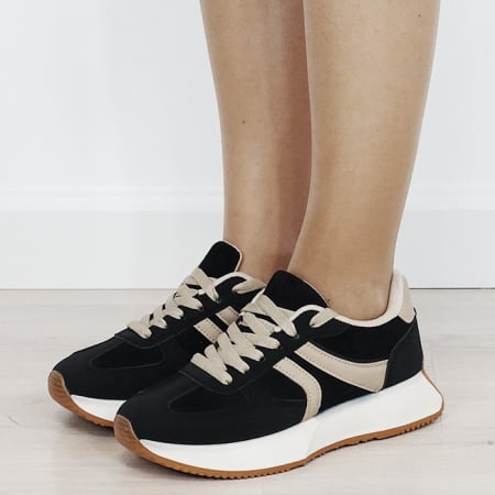 Pantofi sport si sneakers - Sneakersi dama negru/taupe cu talpa groasa 9013 M2