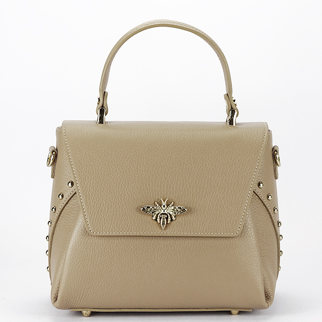 Geanta din piele naturala bej taupe cu brosa 1505A 123 Bej taupe