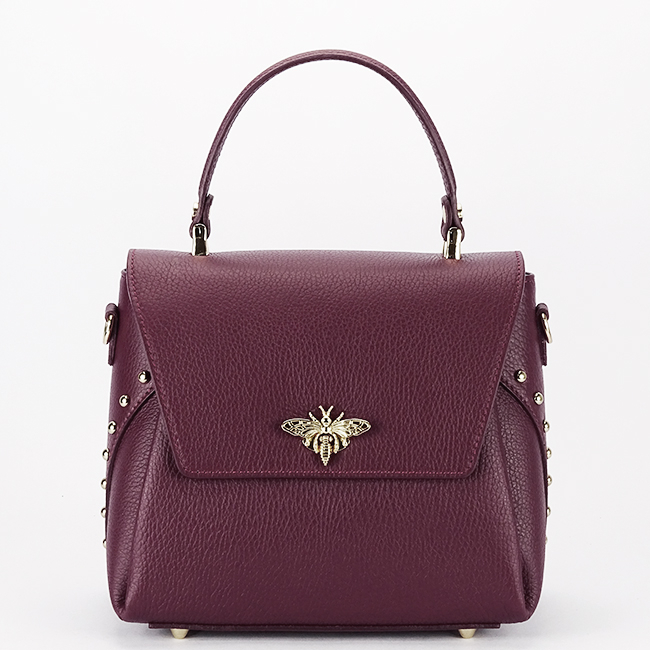 Geanta din piele naturala bordo inchis cu brosa 1505A 123 Bordo