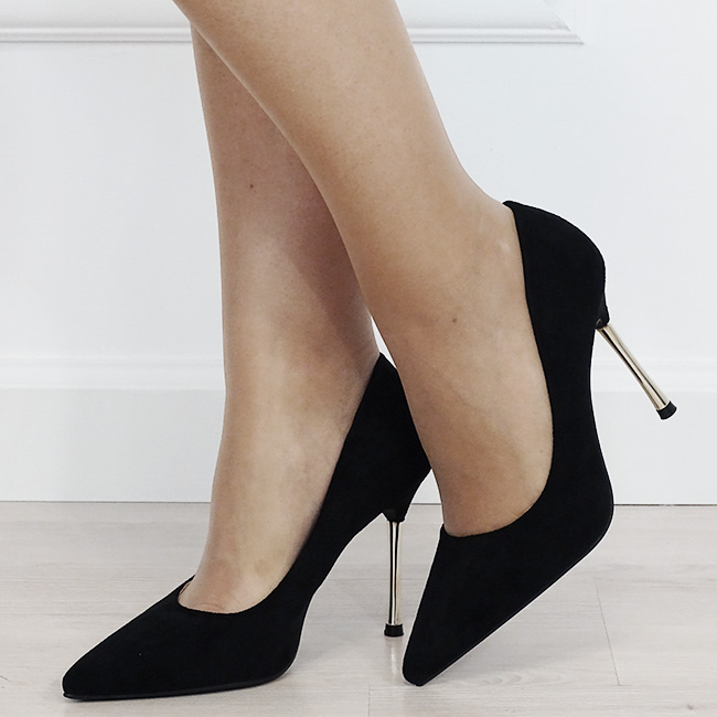 Pantofi eleganti stiletto negri cu toc auriu 6202 03 Negru, 37, 37 EU