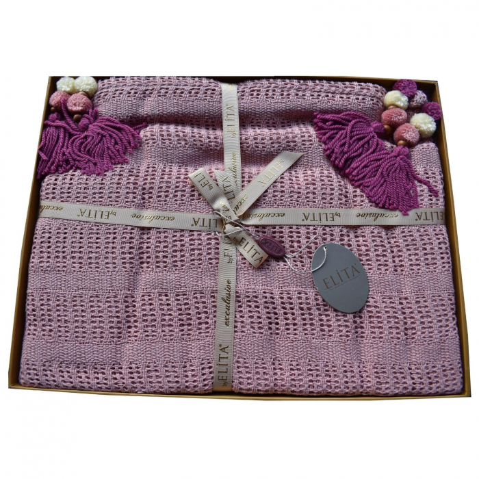 Pled tricotat cu ciucuri roz 220x240 cm [2]