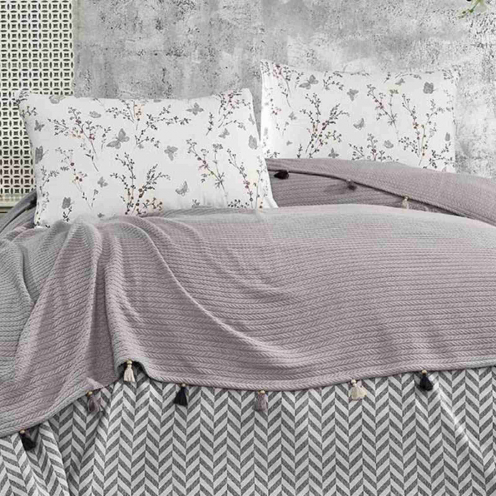 SIRMA GRI Lenjerie de pat + pled ciucuri, 4 piese 220x240 cm [2]