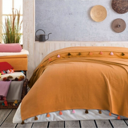 Patura bumbac cu ciucuri rosie 220x240 cm [3]
