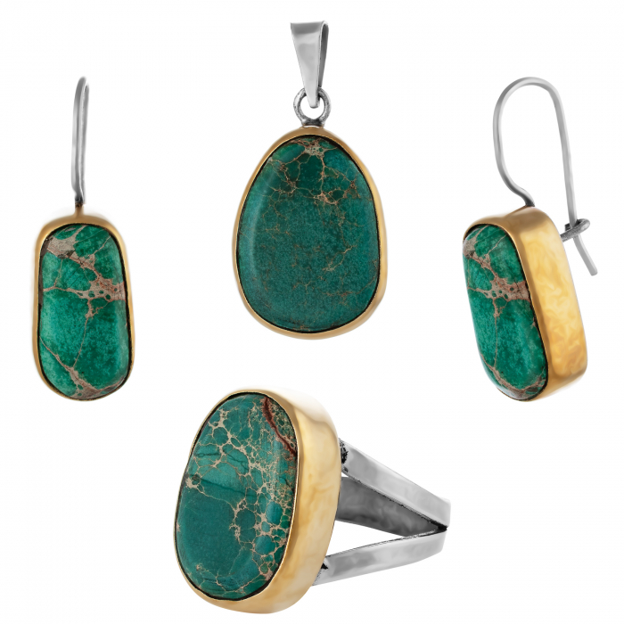 Set din argint 925 vintage (cercei+pandantiv+inel), Piatra: turquoise, Culoare: turquoise [1]