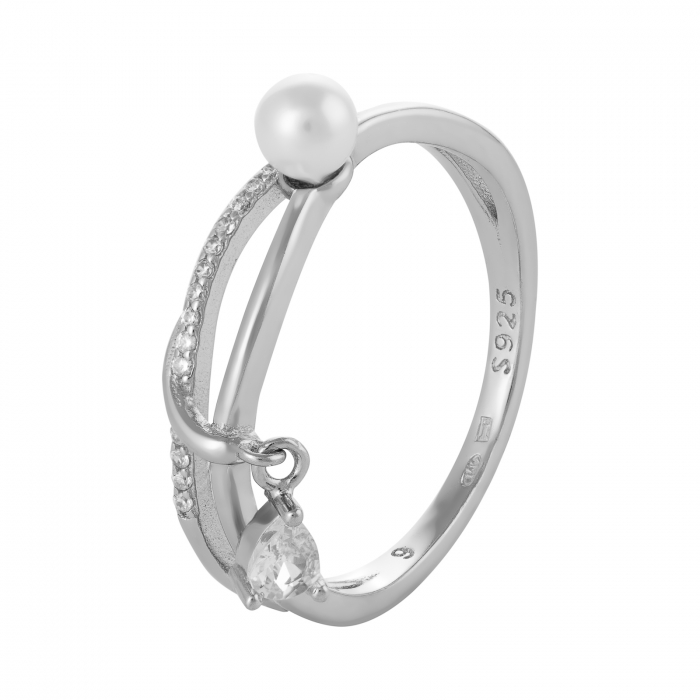 Inel din argint 925 rodiat, Piatra: perla dee laborator si cubic zirconia , Culoare: alb si transparent , [1]