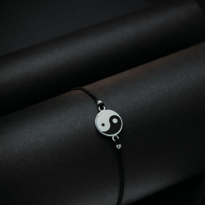 Bratara reglabila din snur textil negru, bilute din argint si accesoriu " Yin si Yang " din argint 925,  Sonis Silver [2]
