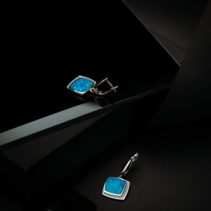 Cercei din argint 925 rodiat, Piatra: opal de laborator si cubic zirconia, Culoare: albastru si transparent, Sonis Silver [2]
