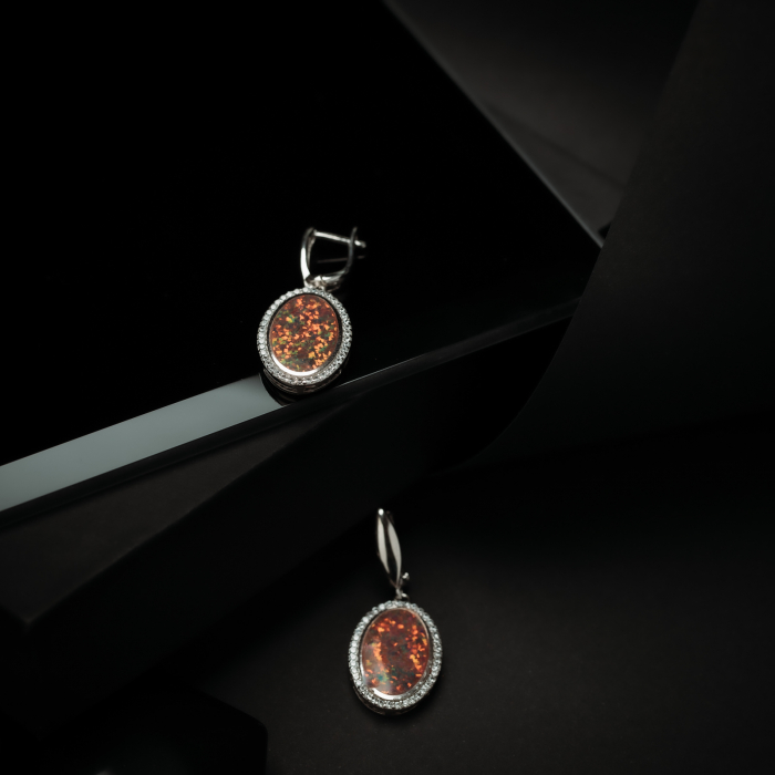 Cercei din argint 925 rodiat,  Piatra: opal de foc si cubic zirconia, Culoare: maro cognac si transparent, Sonis Silver [2]