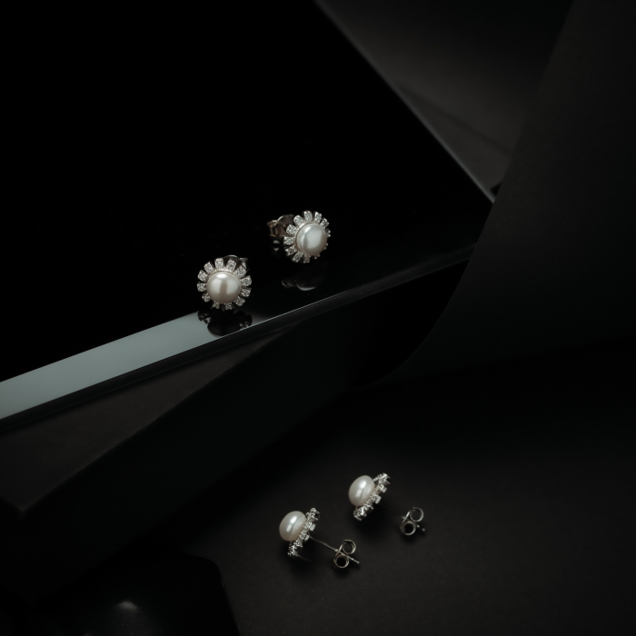 Cercei din argint 925 rodiat , Piatra: perla de laborator  si zirconia fatetata, Culoare: alb si transparent, Sonis Silver [2]