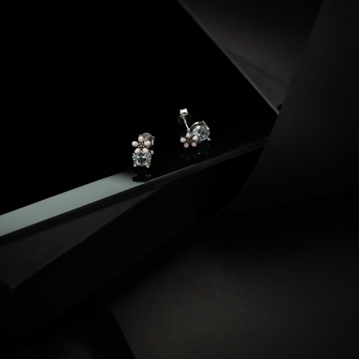 Cercei din argint 925, Tip inchidere: surub, Piatra: zirconia fatetata si email, Culoare: transparent si roz, Sonis Silver [2]