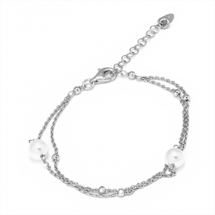 Bratara cu lant dublu din argint 925 , Piatra : perla de laborator , Culoare : alb , Sonis Silver [1]