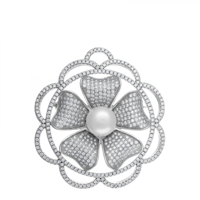 Brosa din argint 925, Piatra: perla de cultura si cubic zirconia, Greutate: 16.28 gr, Culoare: transparent, alb, Cod:7129P1 [1]