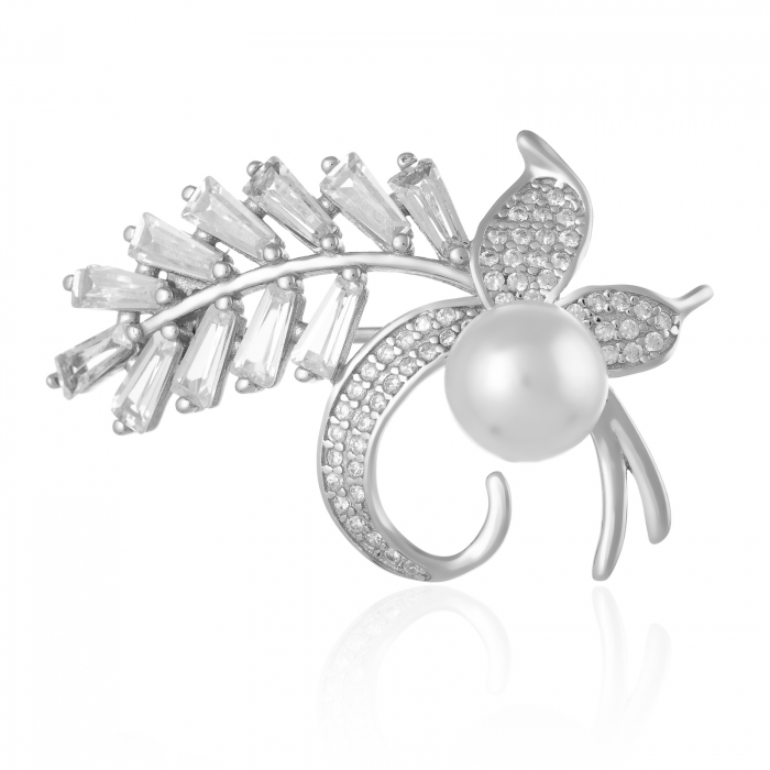 Brosa din argint 925 rodiat ,Piatra : perla de laborator zirconia fatetata  si cubic zirconia ,Culoare: alb si transparent [1]