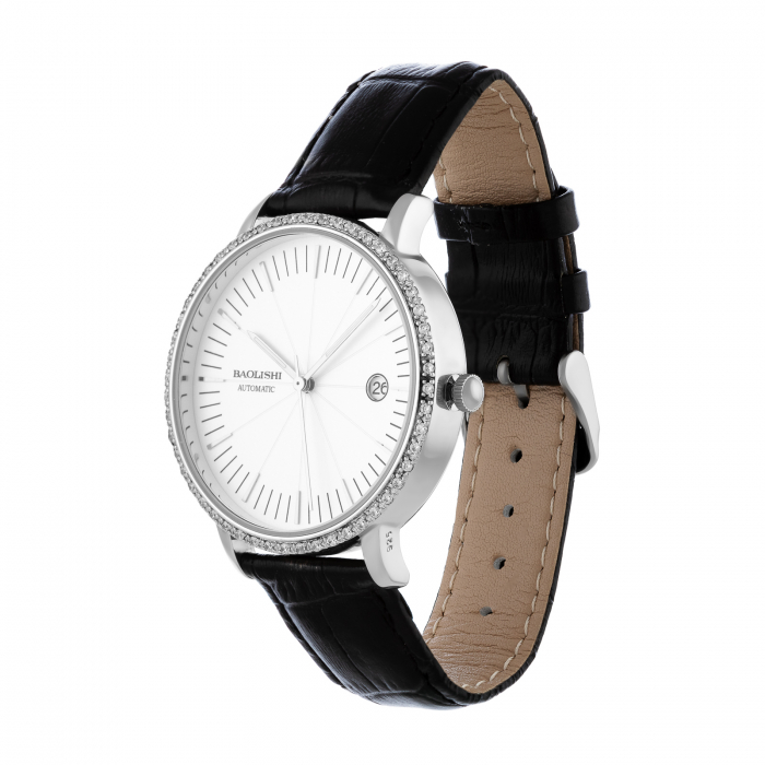 Ceas automatic cu cadran  din argint 925 rodiat si curea din piele naturala ,Piatra: cubic zirconia, Culoare: transparent, [1]