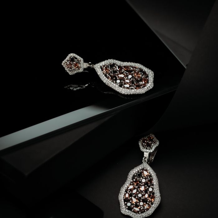 Cercei din argint 925 rodiat, Piatra: zirconia fatetata si cubic zirconia, Culoare: maro cognac si transparent, [2]