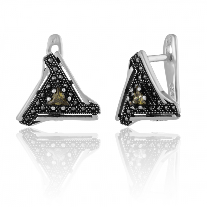 Cercei din argint 925 vintage, Piatra: marcasite si zirconia fatetata, Culoare :  verde oliva, Sonis Silver [1]