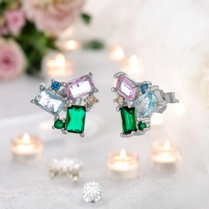 Cercei din argint 925 rodiat, Piatra: zirconia fatetata, Culoare: multicolor, [2]